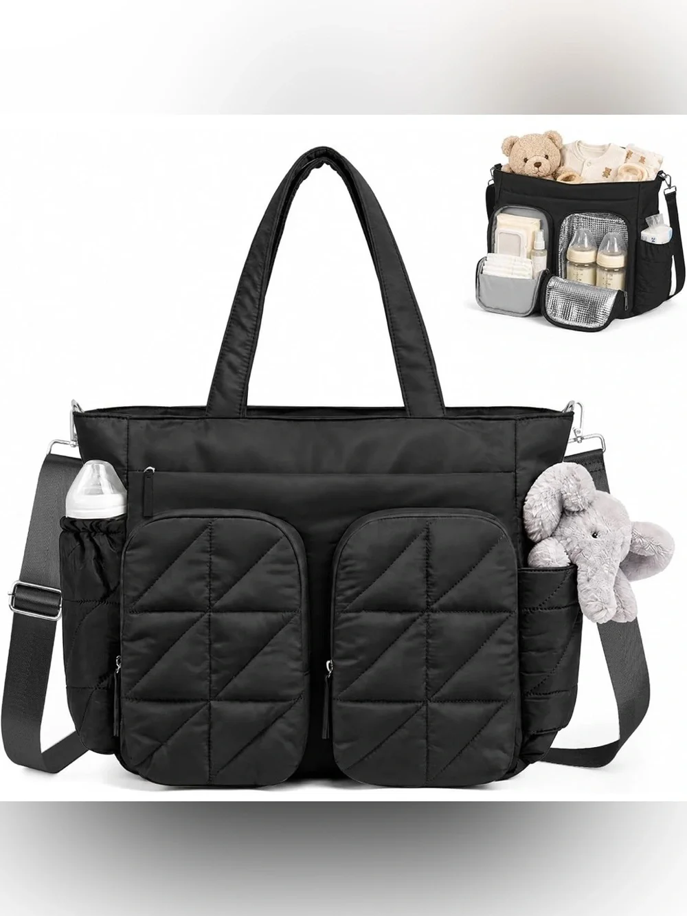 Black Quilted Puffer Diaper Bag Tote
